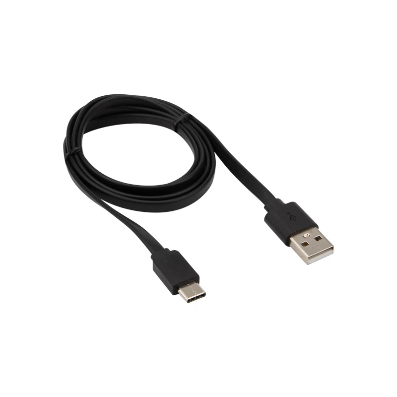 Кабель USB-A – Type-C, 2,4A, 1м, ПВХ, черный, плоский REXANT