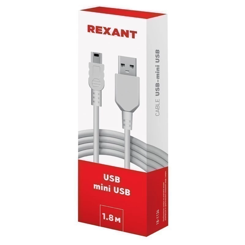 Кабель USB-A – mini USB, 1А, 1,8м, ПВХ, белый REXANT