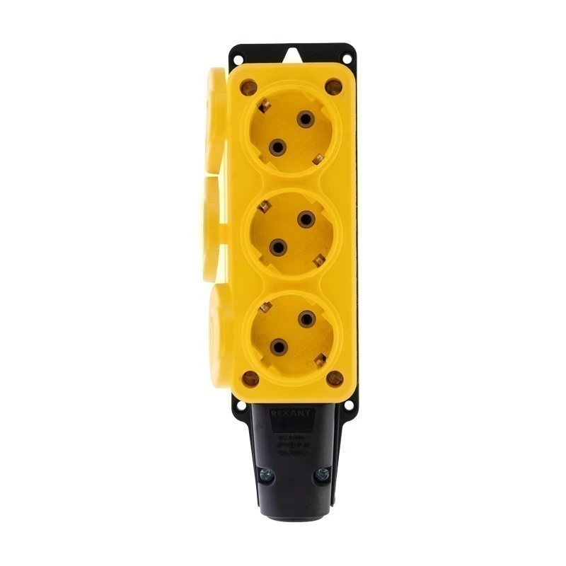 Розетка каучуковая 3 гнезда с крышкой (колодка) желтая, с/з, 16А, IP54, REXANT