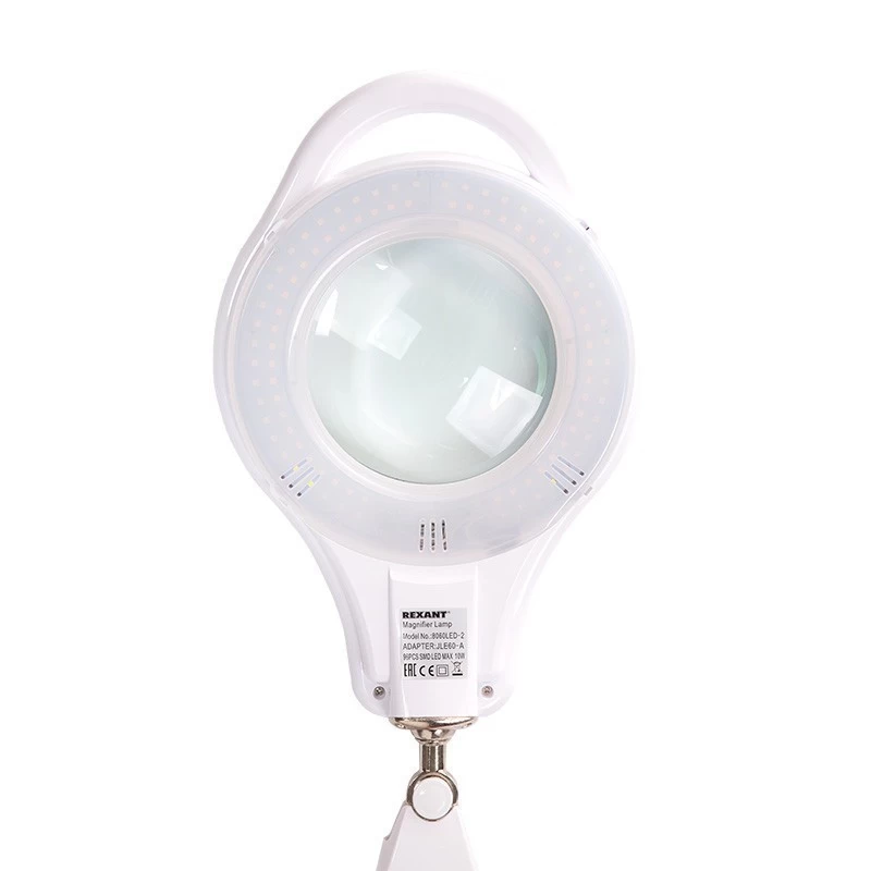 Лупа на струбцине круглая 5D с подсветкой 96 SMD LED, теплый и холодный свет, ø127мм, белая REXANT