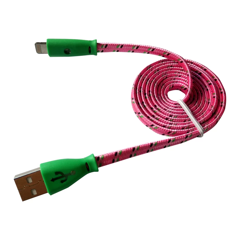 Кабель USB-A – Lightning для Apple, 1А, 1м, в розовой нейлоновой оплетке, плоский, светящиеся разъемы REXANT